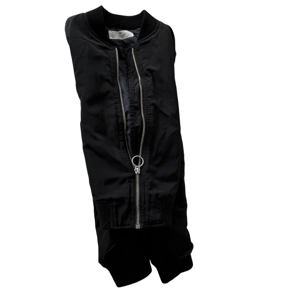 H M Black Bomber Jacket Full Zip Ring Detail Ribbed Cuffs Sz 10 11 - Picture 3 of 12